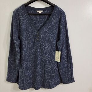 Women's Dark Navy Blue Waffle Henley V Neck Tee, Size 2X(20W-22W), New With Tag